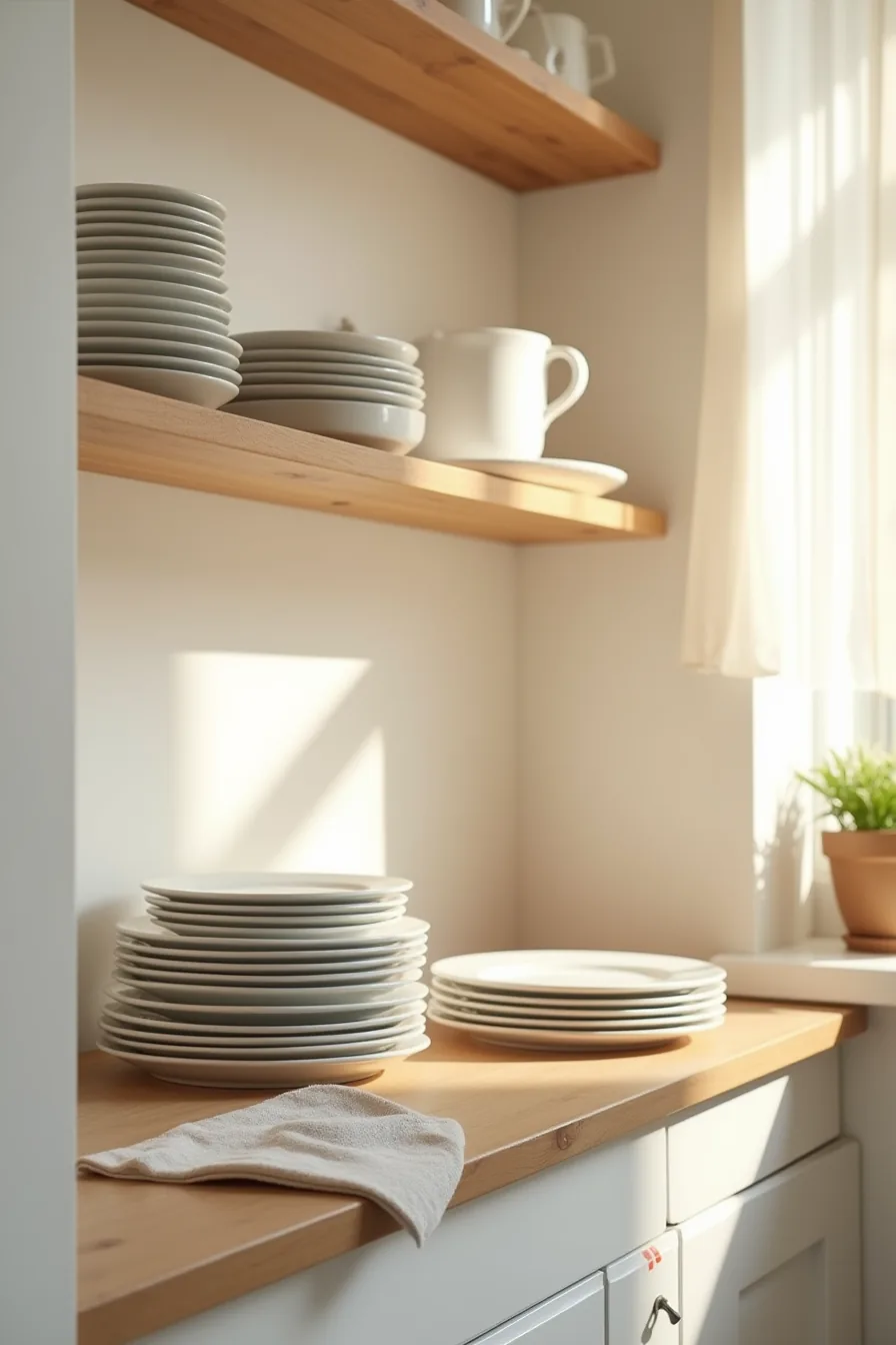 Three stacks of plates arranged by age on a cabinet shelf, each marked with a color-coded sticker and a microfiber cloth