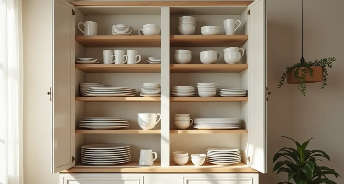 Cluttered kitchen cabinet with unevenly stacked plates, bowls, and mugs leaning at various angles on wooden shelves.