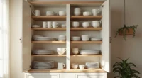 Cluttered kitchen cabinet with unevenly stacked plates, bowls, and mugs leaning at various angles on wooden shelves.
