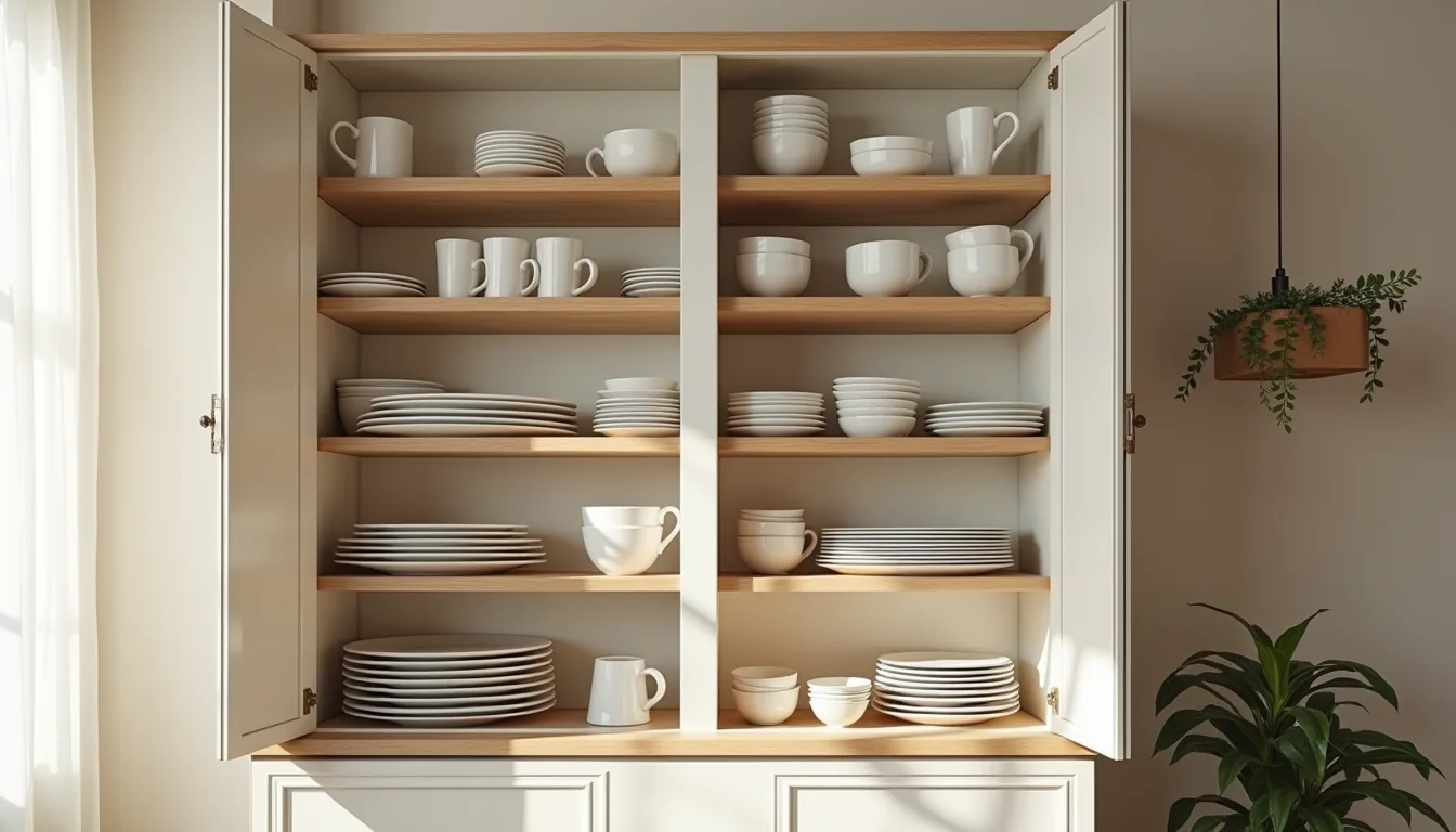 Cluttered kitchen cabinet with unevenly stacked plates, bowls, and mugs leaning at various angles on wooden shelves.
