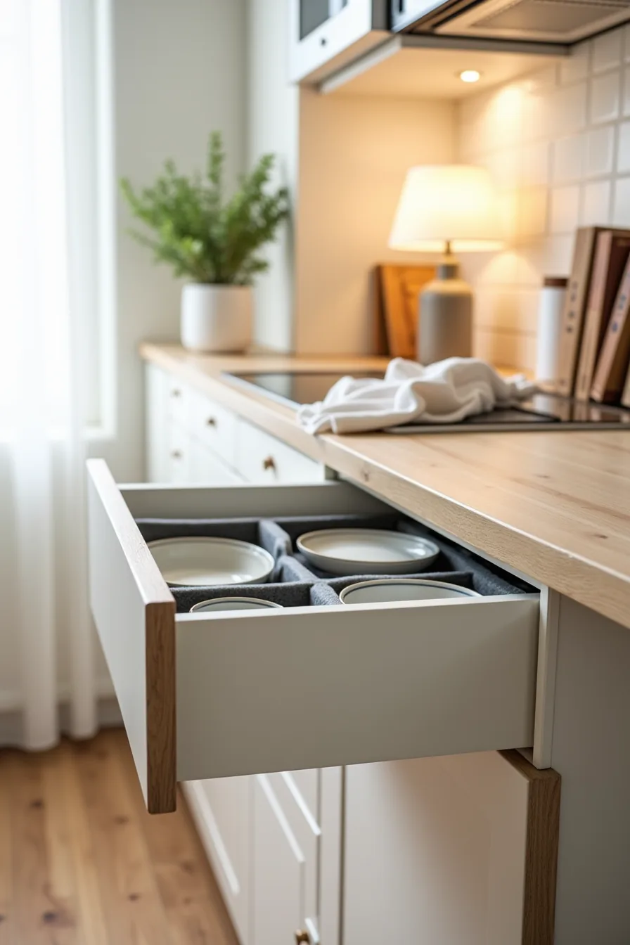 Open drawer with gray felt dividers separating dinner plates, salad plates, bowls, and small plates into four compartments.