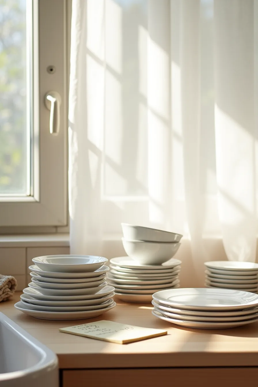 Sorted dishes on a kitchen counter with grouped plates, bowls, chipped plates, and a notepad showing inventory counts.