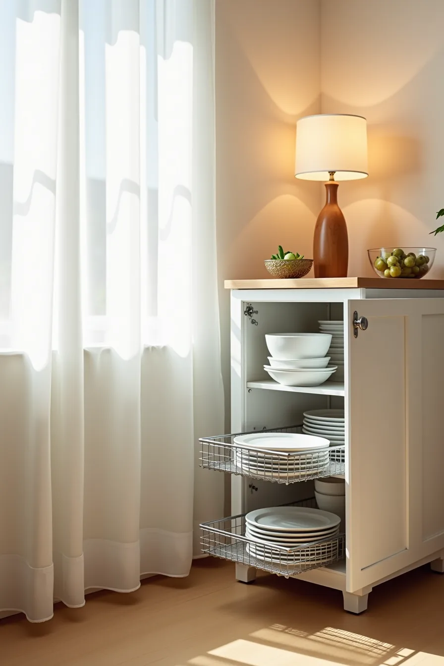 Open base cabinet with a tiered riser holding nesting bowls and a pull-out wire basket containing stacked salad plates.