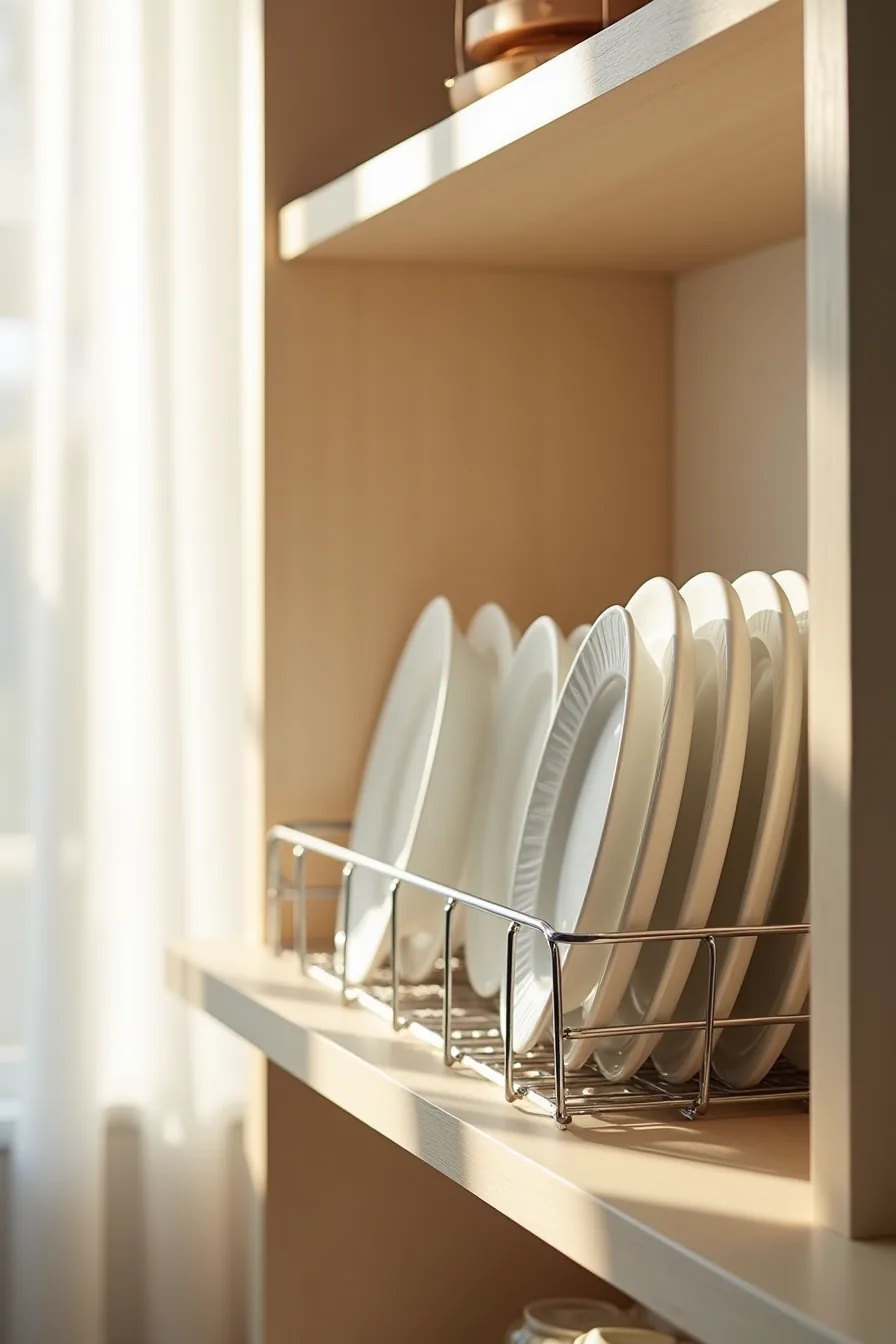 Eight dinner plates standing upright in a stainless steel vertical rack inside a narrow cabinet with visible spacing.