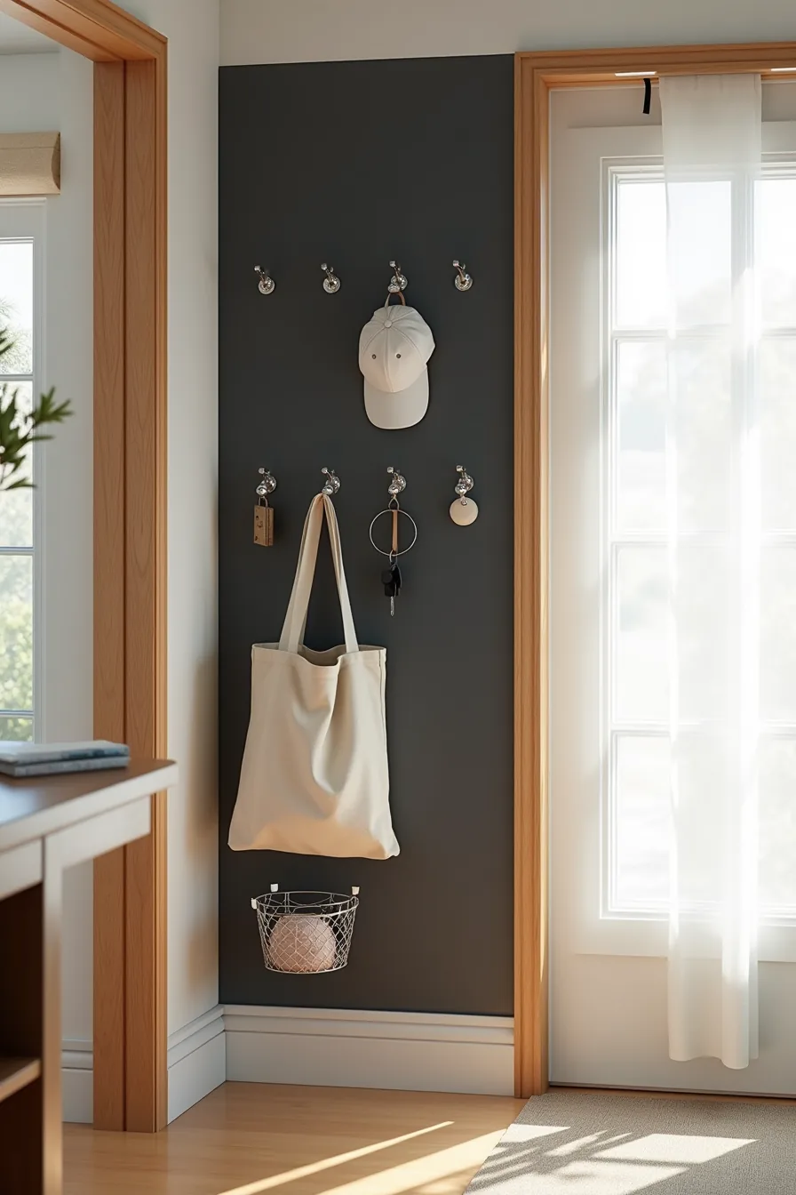 Matte black pegboard wall with metal hooks holding canvas tote, baseball cap, keys, and wire basket in entryway.
