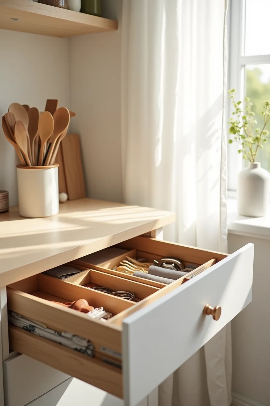 Kitchen drawer divided into six compartments containing cooking utensils, measuring spoons, scissors, folded towels, and