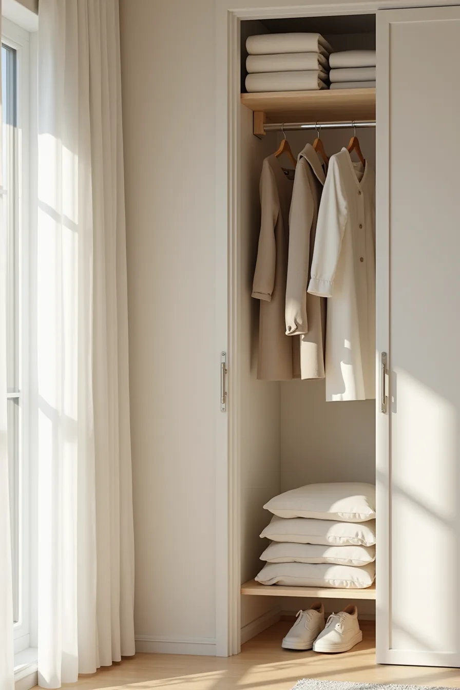Double-rod closet system with upper rod holding long coats and dresses, lower rod with folded pants and shorter items.