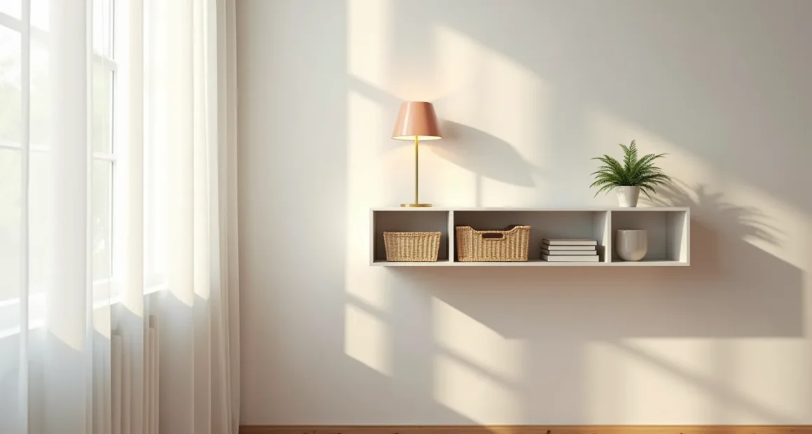 White floating shelf in office corner displaying desk lamp, woven baskets, and potted plant above bare wooden wall.