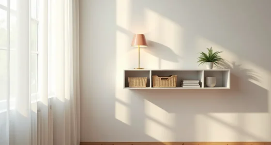 White floating shelf in office corner displaying desk lamp, woven baskets, and potted plant above bare wooden wall.