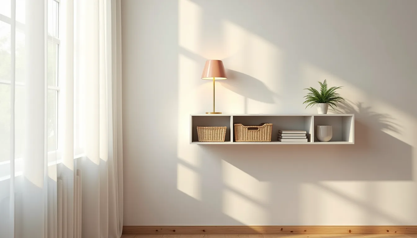 White floating shelf in office corner displaying desk lamp, woven baskets, and potted plant above bare wooden wall.