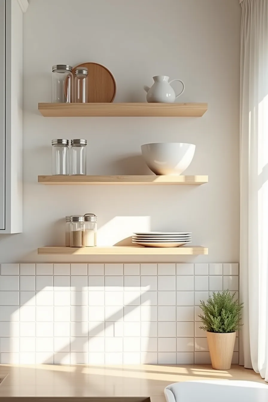 Three staggered kitchen shelves holding glass jars, stacked plates, ceramic bowl, plant, and wooden utensil holder against