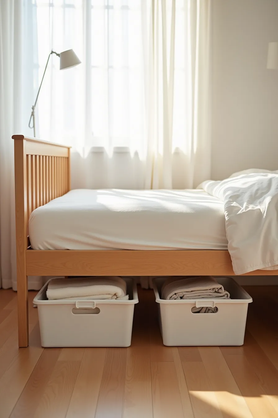 Two plastic storage containers with handles positioned under bed frame, one showing folded blankets inside on hardwood floor.