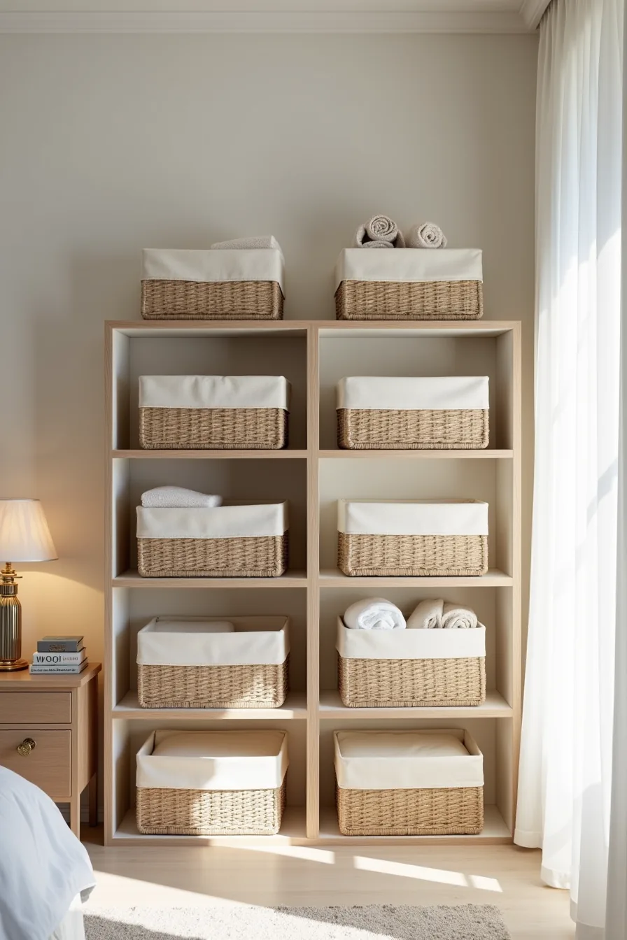 Four-shelf bedroom unit with matching woven baskets and linen bins arranged in pairs, rolled textiles visible inside.