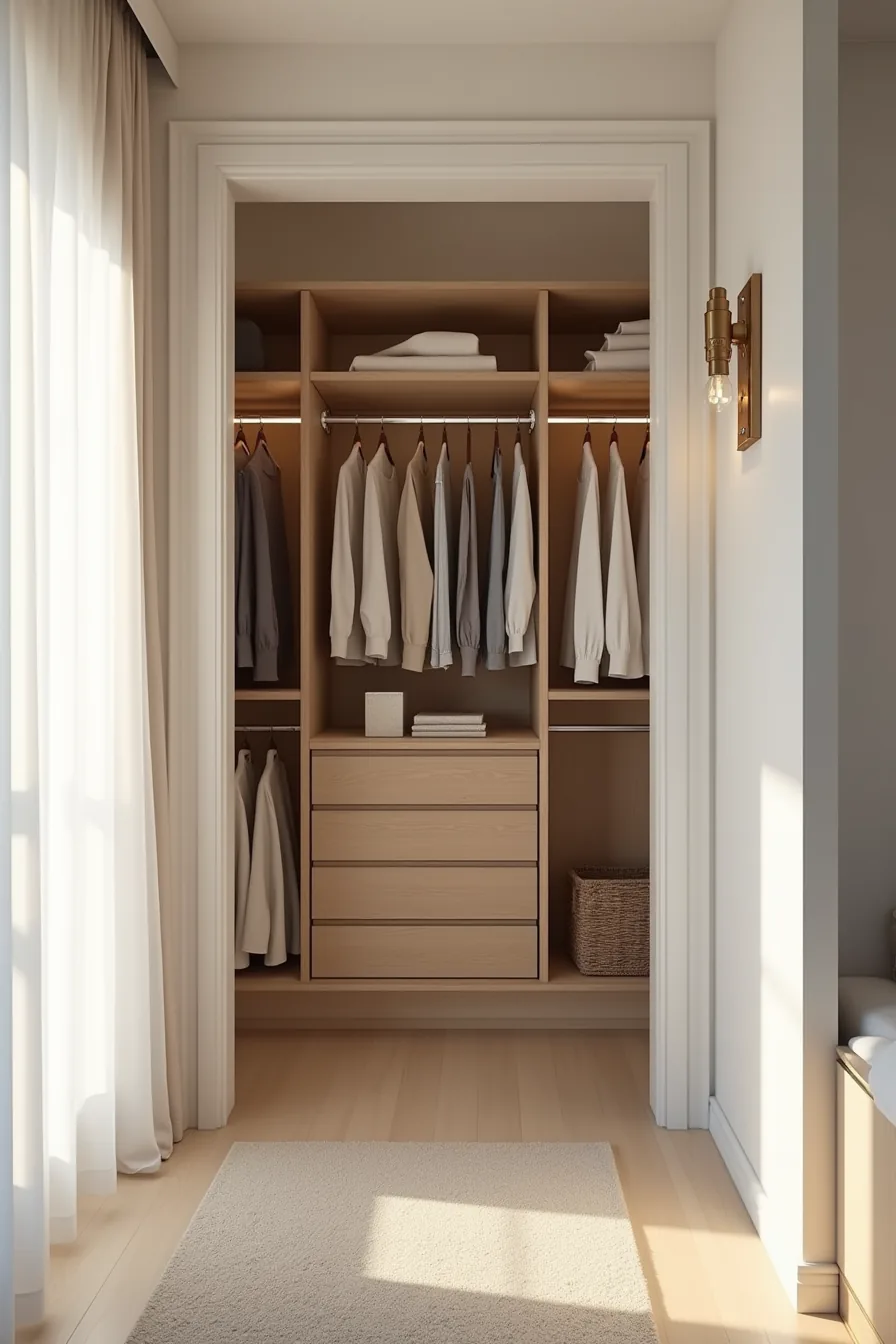 Complete closet with adjustable shelving on left, three hanging rod levels on right, LED lighting along top.
