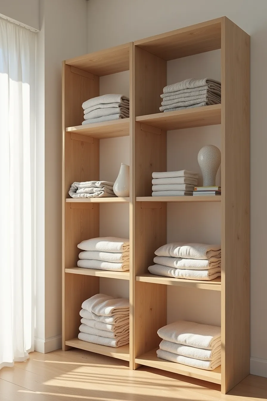 Wooden shelving with three vertical dividers holding stacked denim, sweaters, and basic folded items.