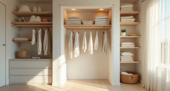 Double hanging rods on left wall with shirts and pants, open shelving with folded sweaters on right, clear center aisle.