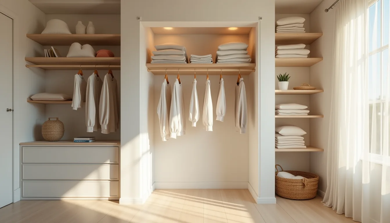 Double hanging rods on left wall with shirts and pants, open shelving with folded sweaters on right, clear center aisle.
