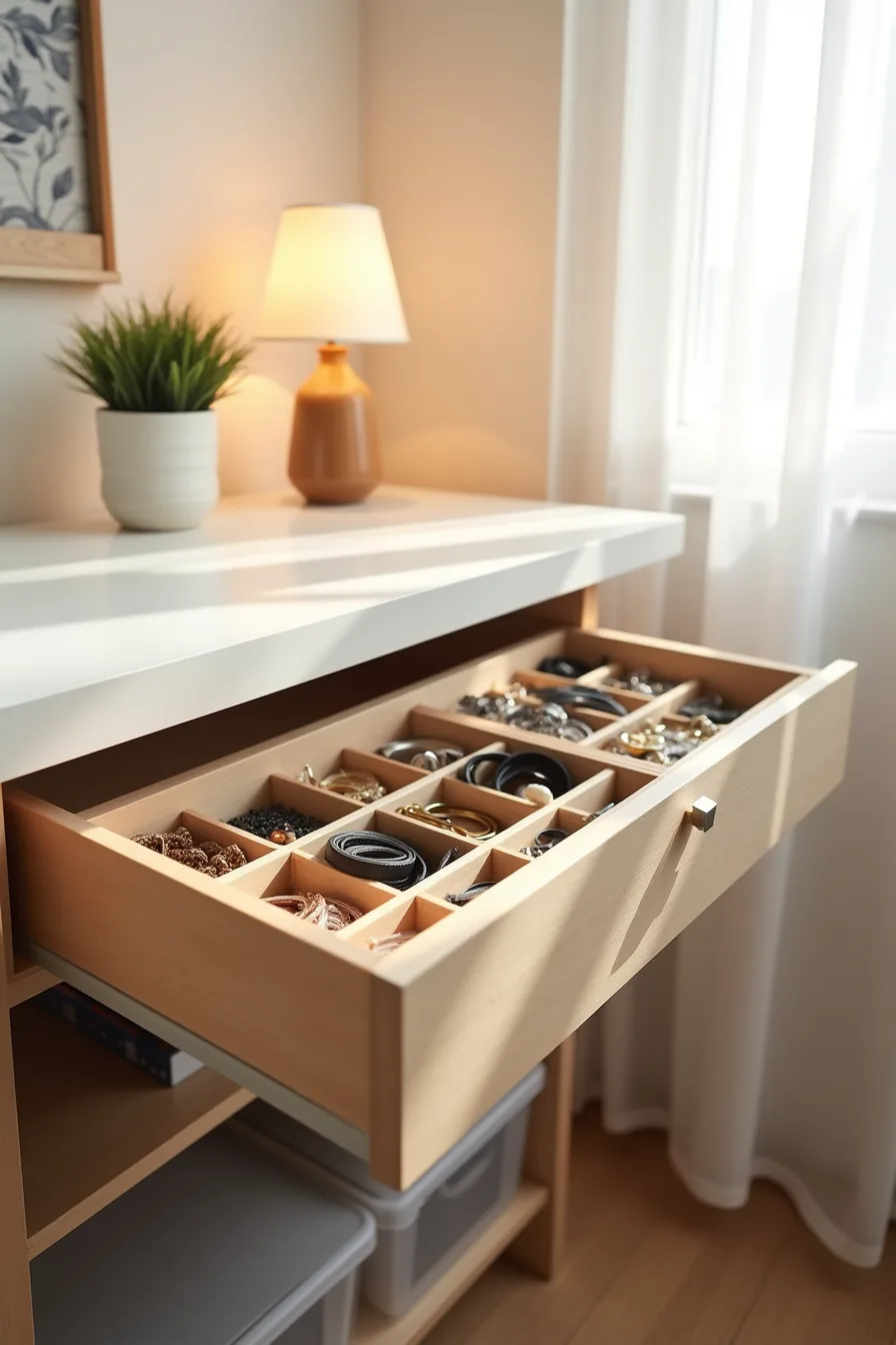 Pull-out drawer organizer with small compartments holding jewelry and belts, translucent bins below.