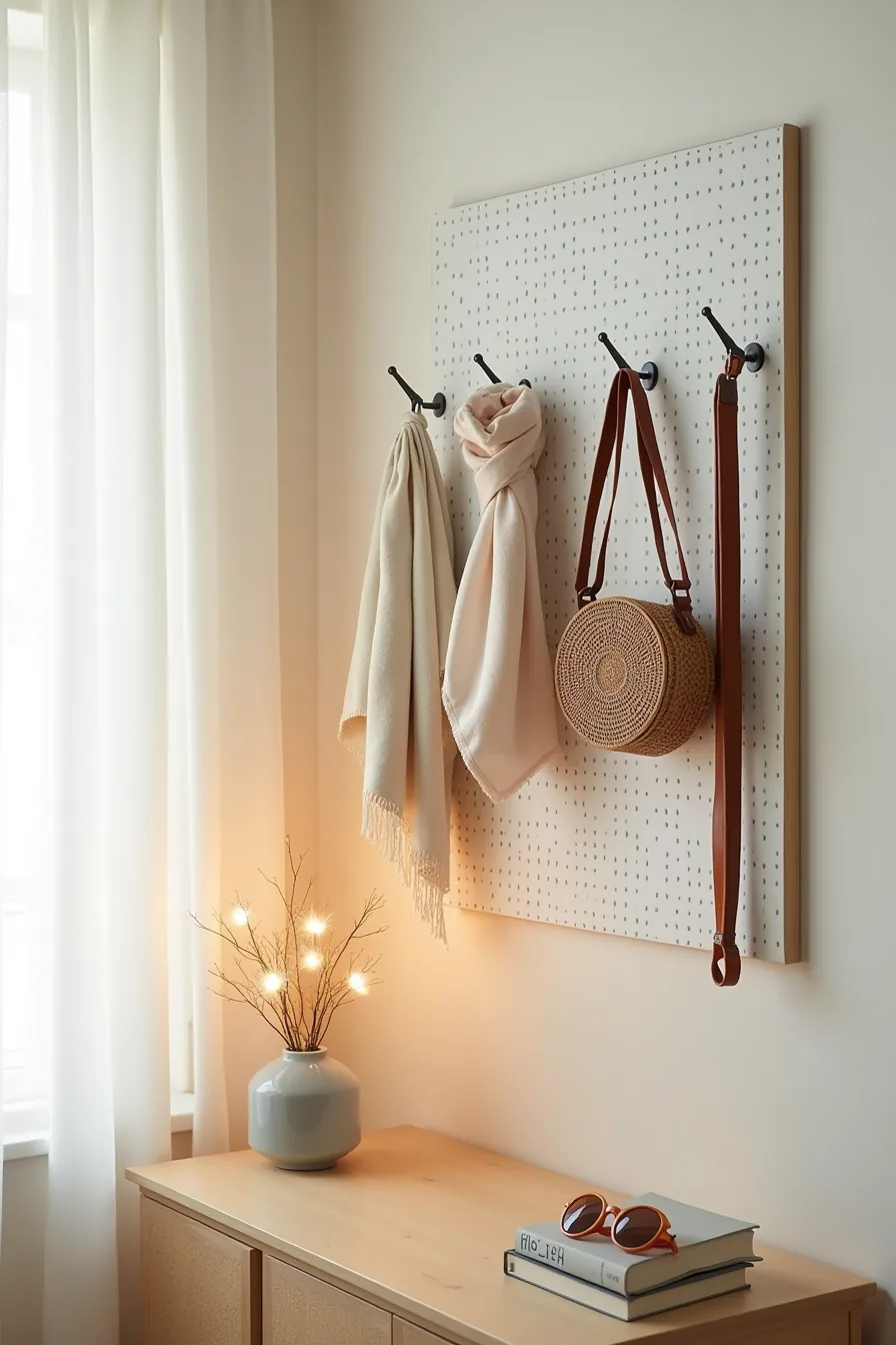 Pegboard with staggered metal hooks displaying scarves, woven bag, leather belt, and sunglasses.