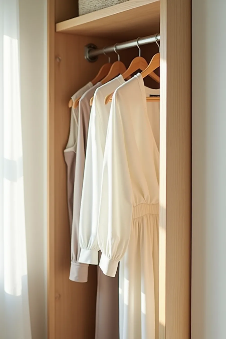 Two metal hanging rods at different heights with blouses above and trousers below, metal brackets visible.