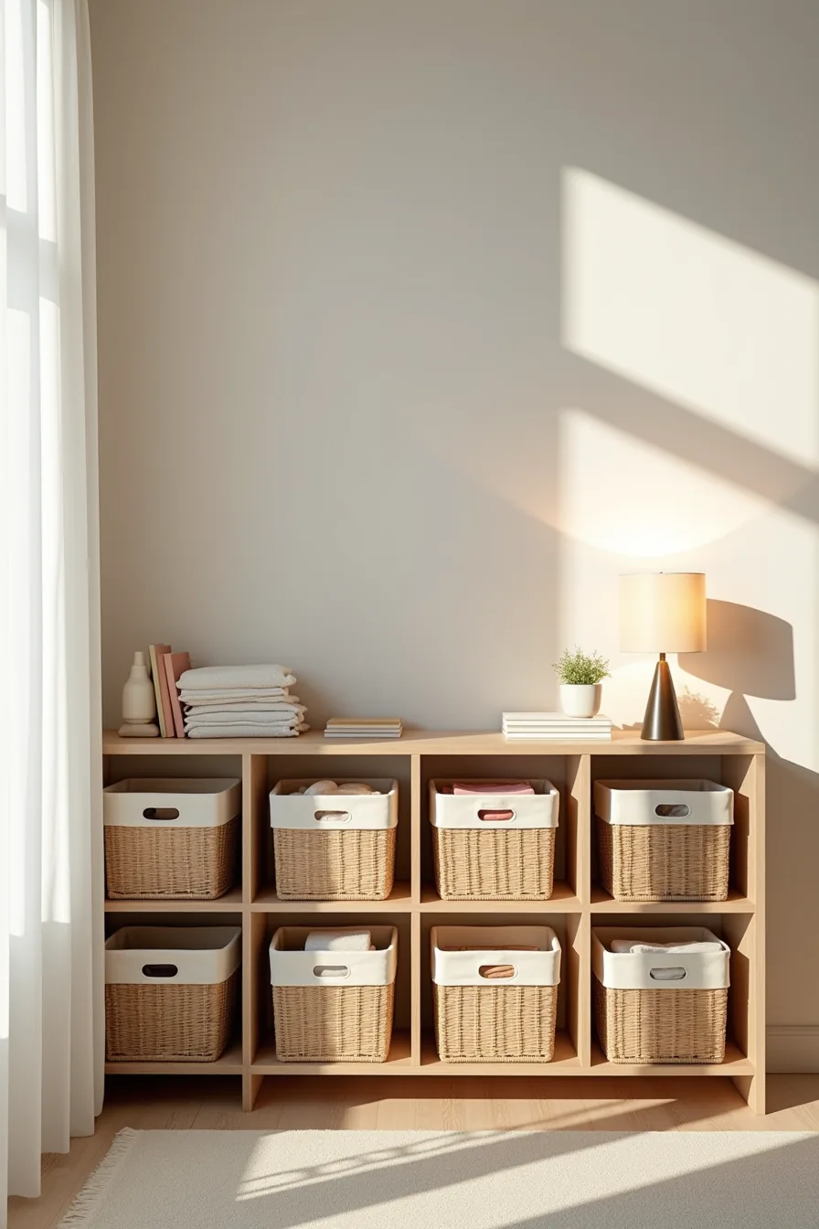 Six woven baskets and canvas bins on wooden shelves arranged in two rows holding folded clothing.