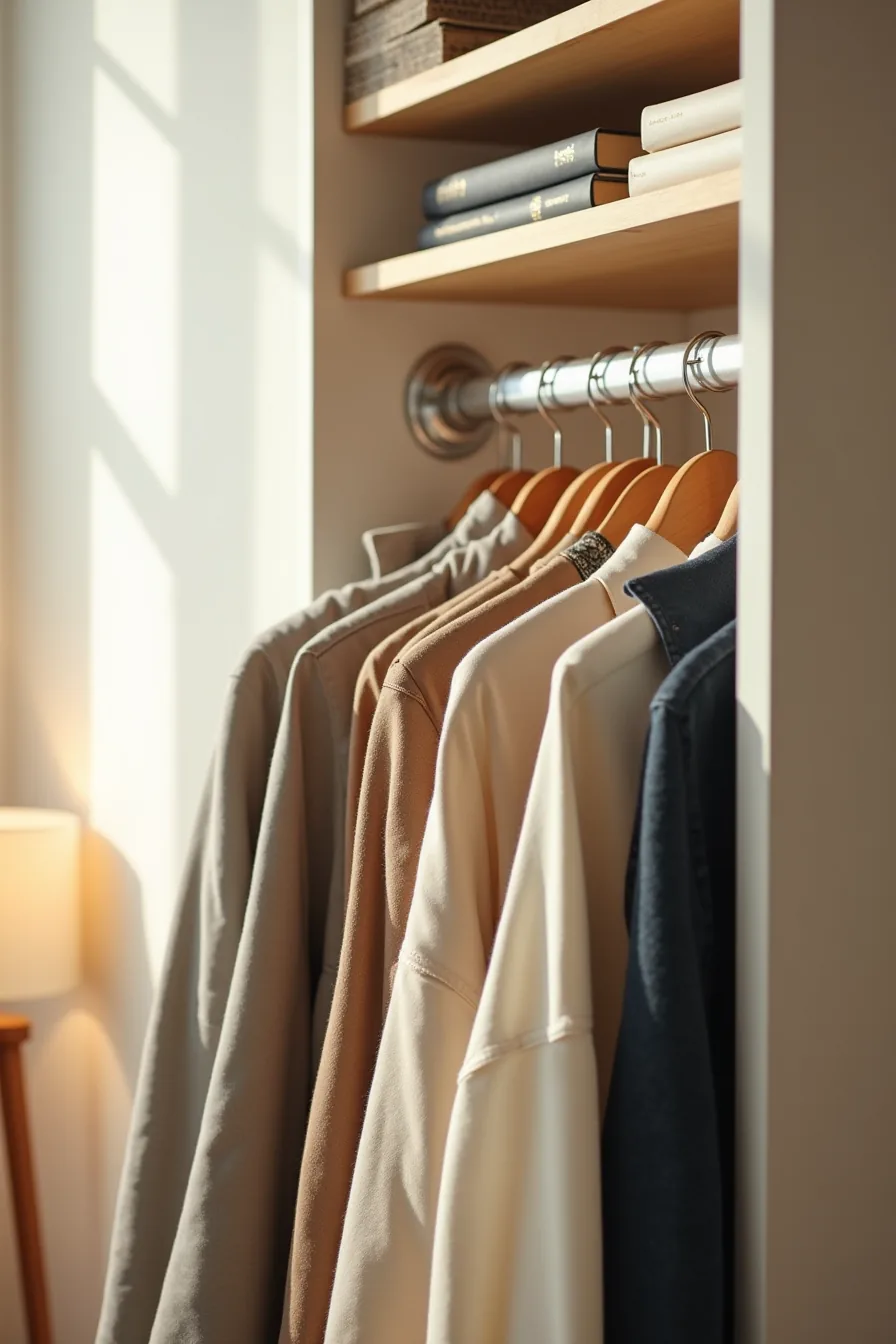 Three-tier cascading hangers on a closet rod holding pants, shirts, and jackets stacked vertically in layers.