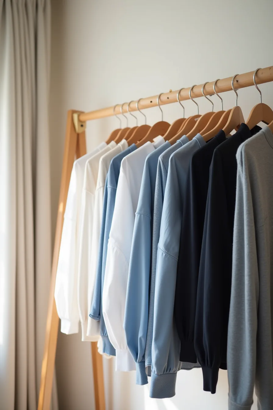 Clothing organized by color gradient on a closet rod with matching hangers per color group and small printed label tags.