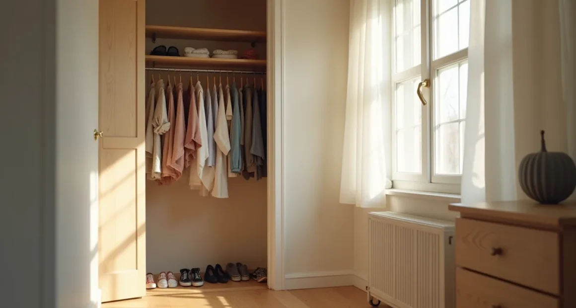 Disorganized dorm closet with wrinkled clothes crammed on one rod, empty shelves, and shoes scattered across the floor.