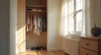 Disorganized dorm closet with wrinkled clothes crammed on one rod, empty shelves, and shoes scattered across the floor.