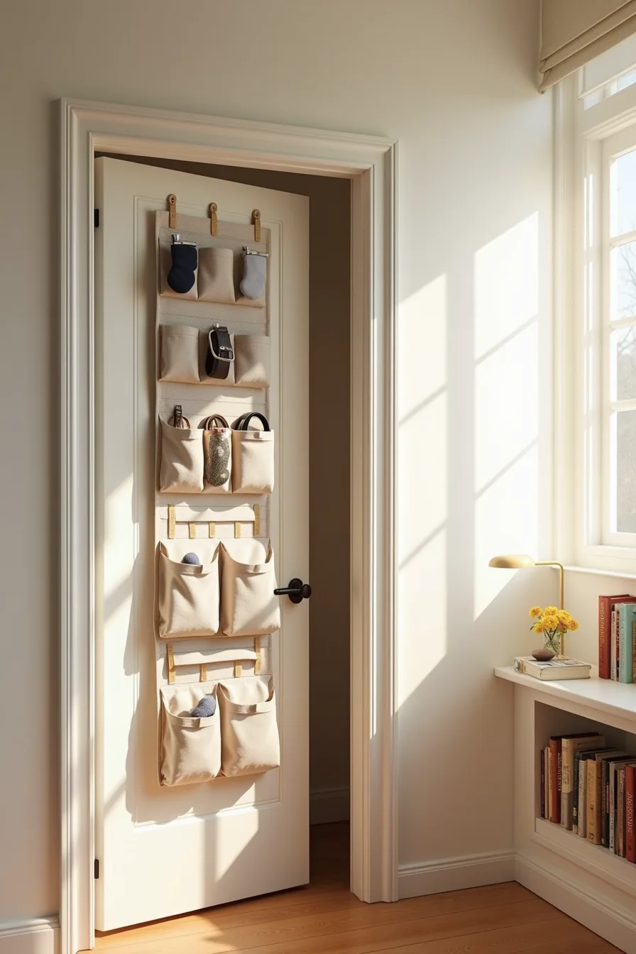 Over-the-door fabric organizer with pockets for socks and accessories, adhesive hooks for belts, and a hanging fabric shelf
