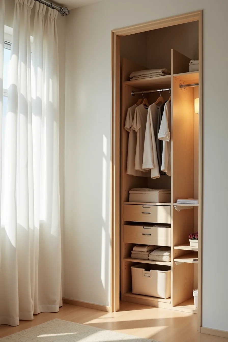 Closet corner comparing temporary tension rod with command hooks and fabric bins on the left against permanent wooden