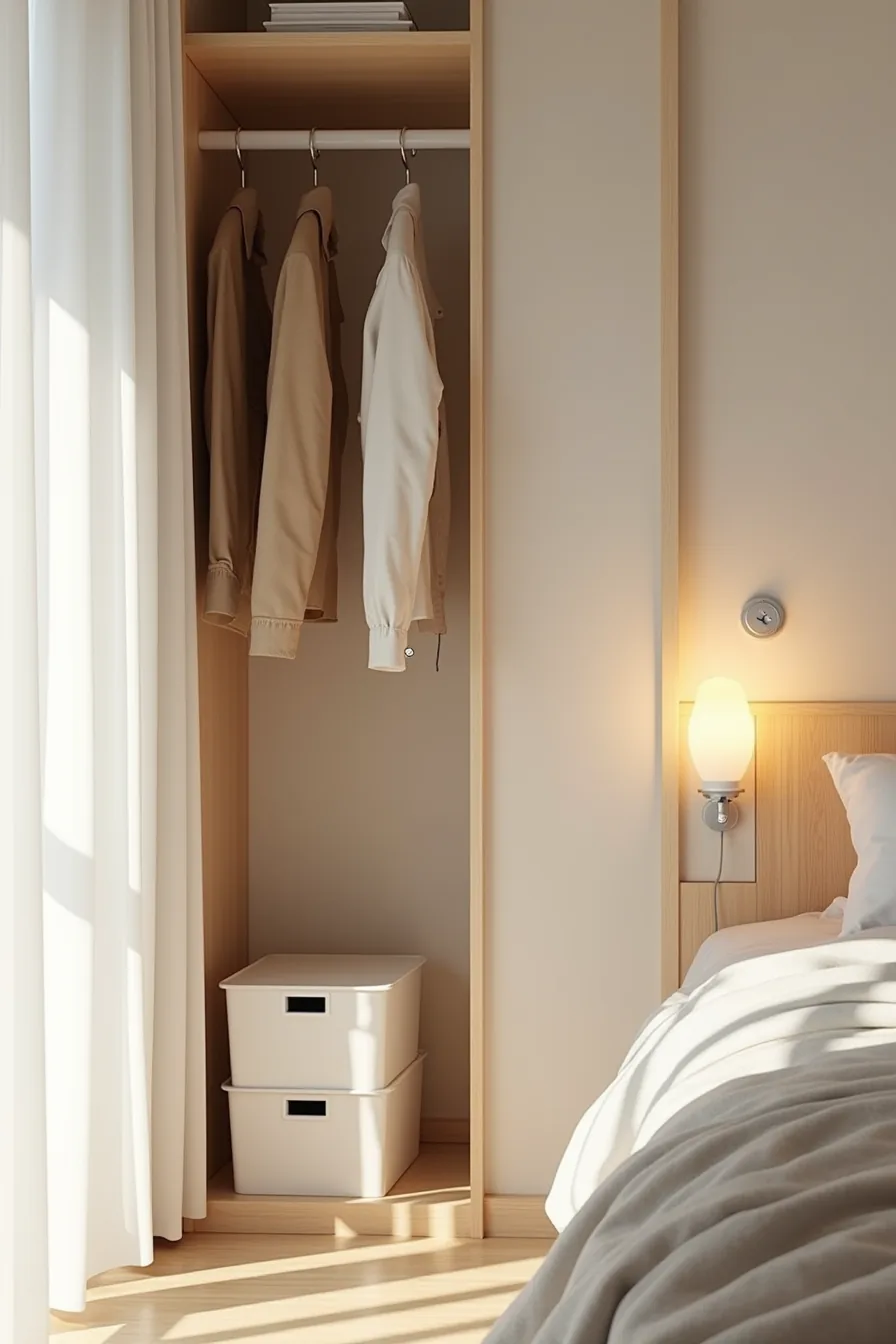 Hanging jackets above two flat storage boxes and a low shoe rack arranged on the closet floor with space between them.