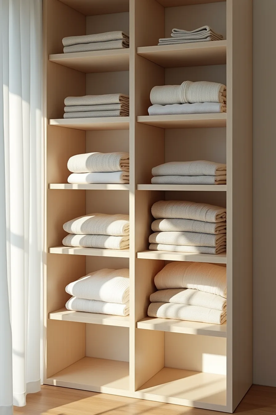 Folded sweaters and t-shirts organized into three neat sections on a closet shelf using wooden dividers.
