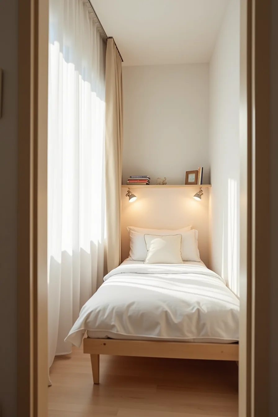 A twin bed with white bedding and throw pillow sits below a floating shelf holding three spaced decorative items.