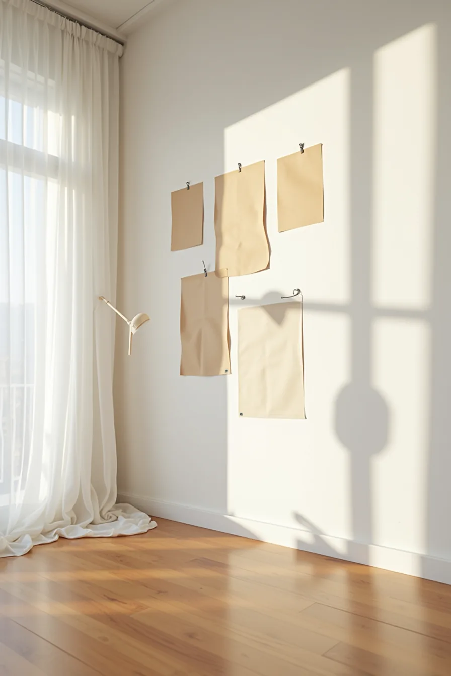 Wall display featuring five varied posters and a fabric hanging held with removable strips in asymmetric arrangement.