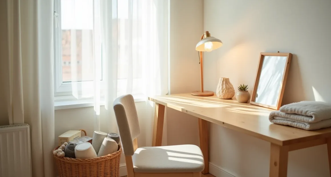 Desk corner with warm lamp, pillow, woven basket of textiles, and small mirror arranged neatly.