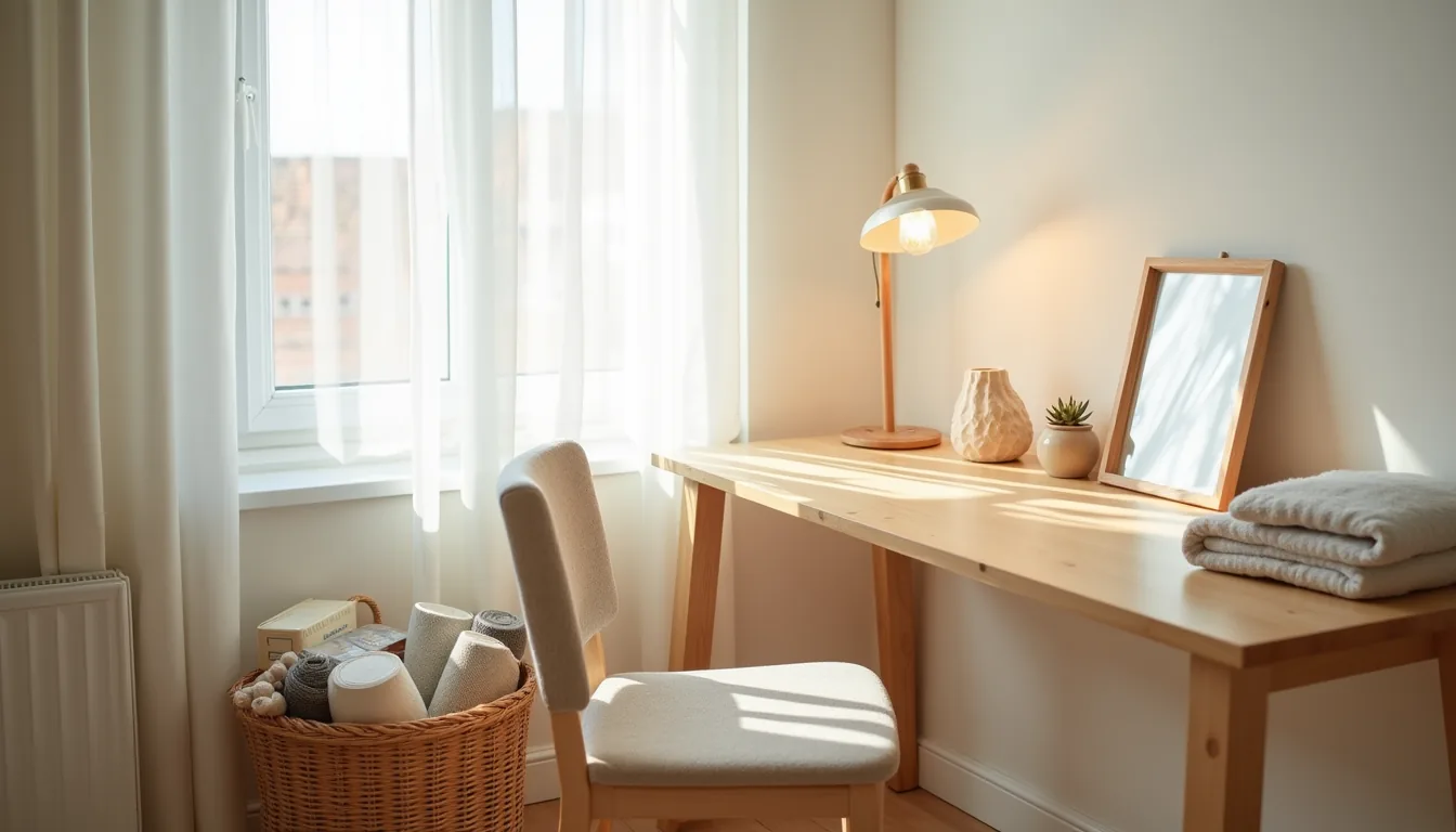 Desk corner with warm lamp, pillow, woven basket of textiles, and small mirror arranged neatly.