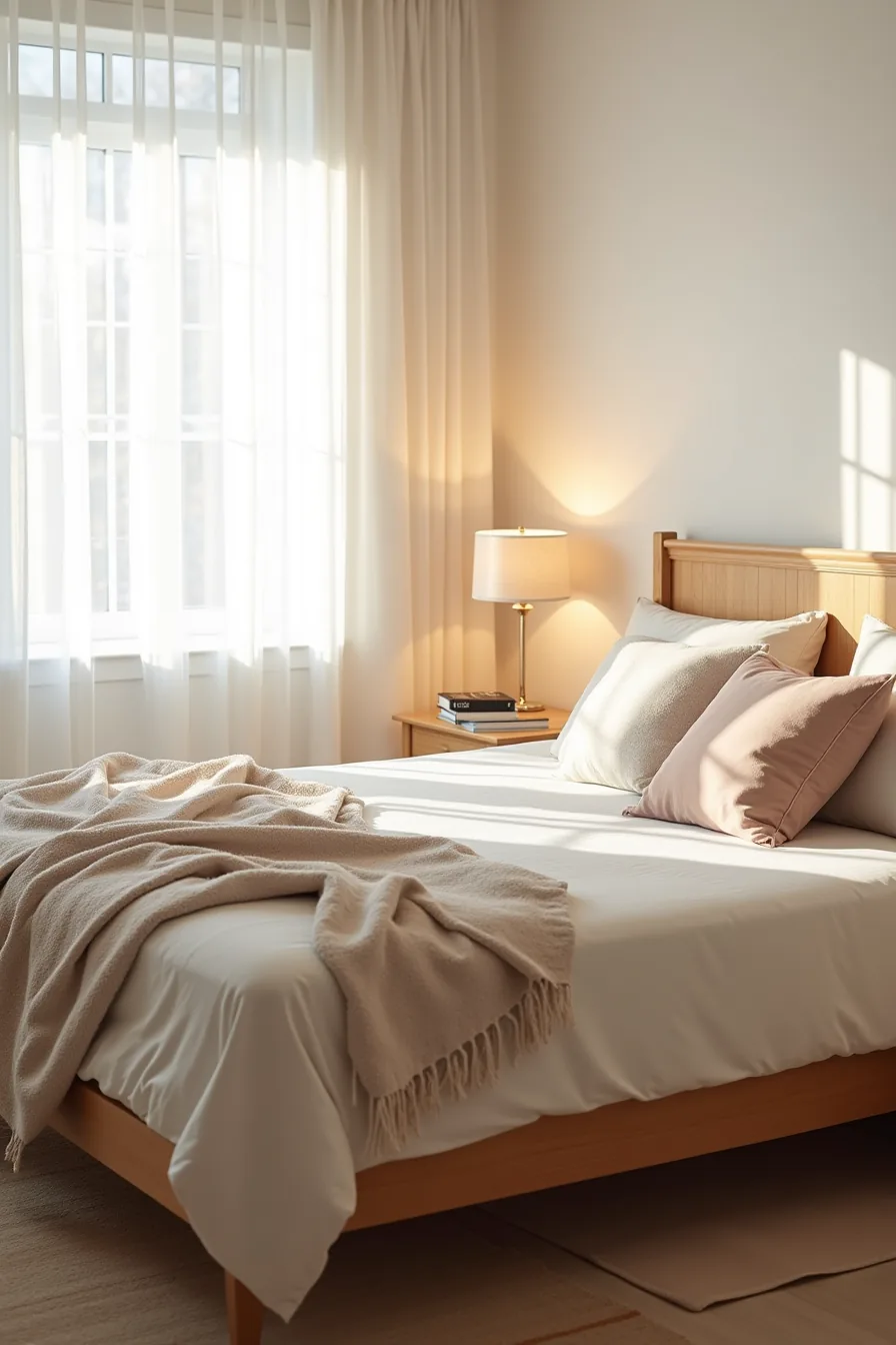 Bed with patterned throw blanket, contrasting textured pillows, and layered area rug visible underneath.