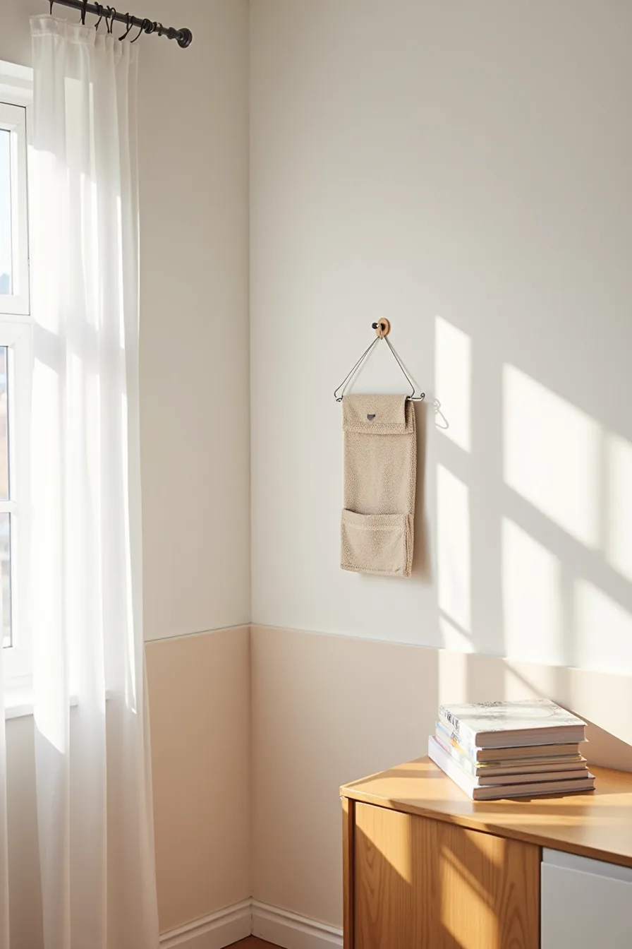 Wall corner with peel-and-stick wallpaper, fabric hanging above it, and adhesive hook holding small organizer.