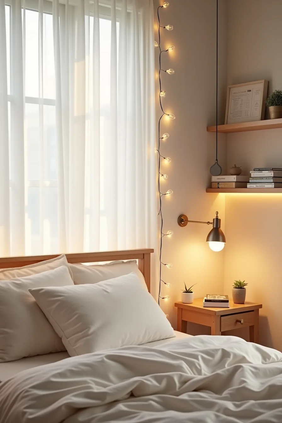 Headboard wall with draped string lights, desk lamp, and LED strips creating warm lighting above bed.