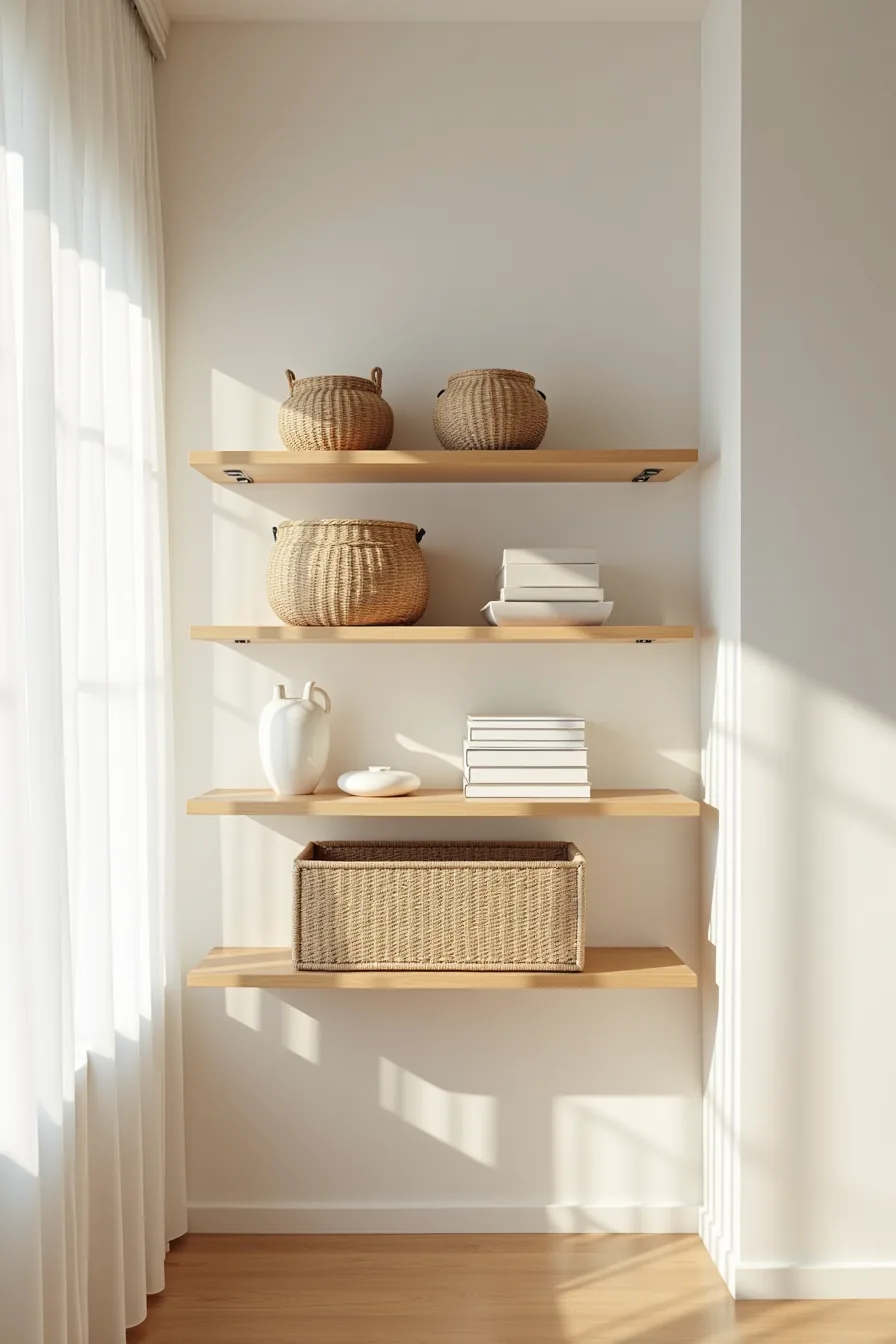 Shelving unit with woven baskets on top, stacked boxes in middle, and patterned bin on bottom shelf.