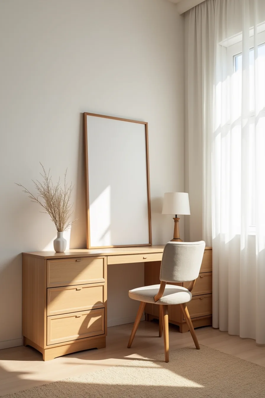 Corner featuring wood dresser with leaning mirror, upholstered chair, and woven rug in neutral tones.