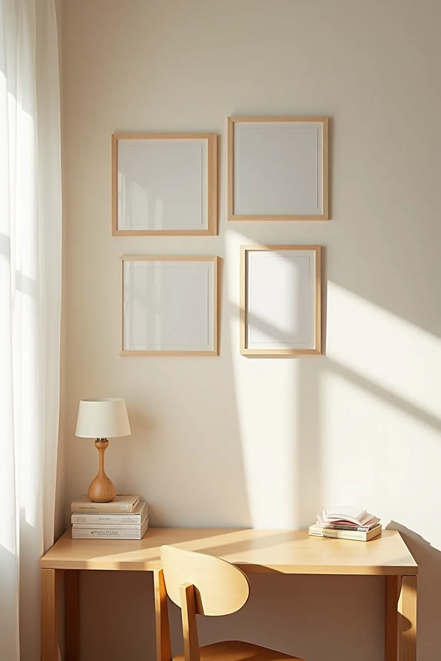 Four framed photos hang in a loose grid above a small shelf displaying two personal objects on white wall.