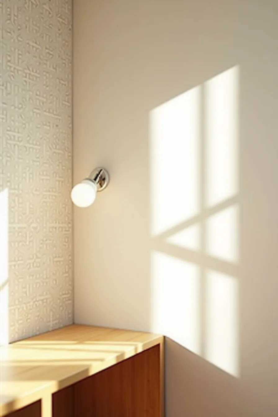 Geometric peel-and-stick wallpaper in a bold pattern covers half a wall, meeting plain white paint at a sharp line.
