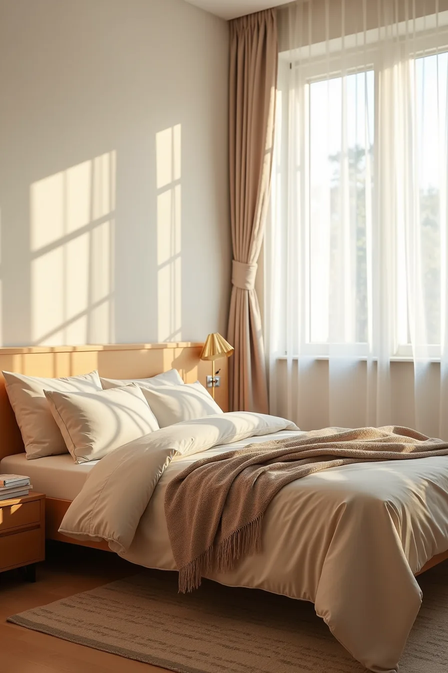 Warm-toned layered bedding with a textured throw blanket drapes over a bed above a patterned area rug.