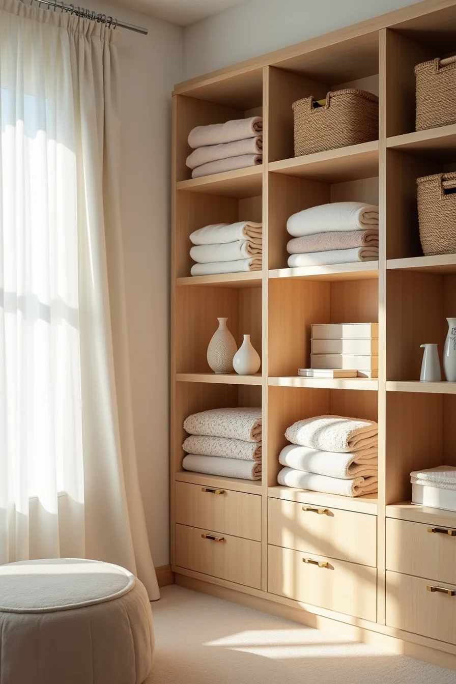 Wall-mounted cubbies display folded sweaters, woven baskets, and neutral boxes arranged in an organized grid pattern.