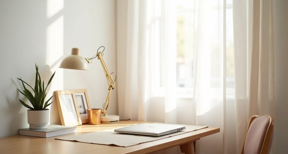 A tidy desk corner displays a succulent plant, framed photo, desk pad, and laptop on wood against white wall.
