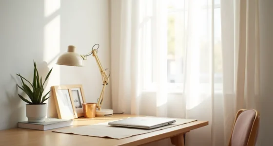 A tidy desk corner displays a succulent plant, framed photo, desk pad, and laptop on wood against white wall.