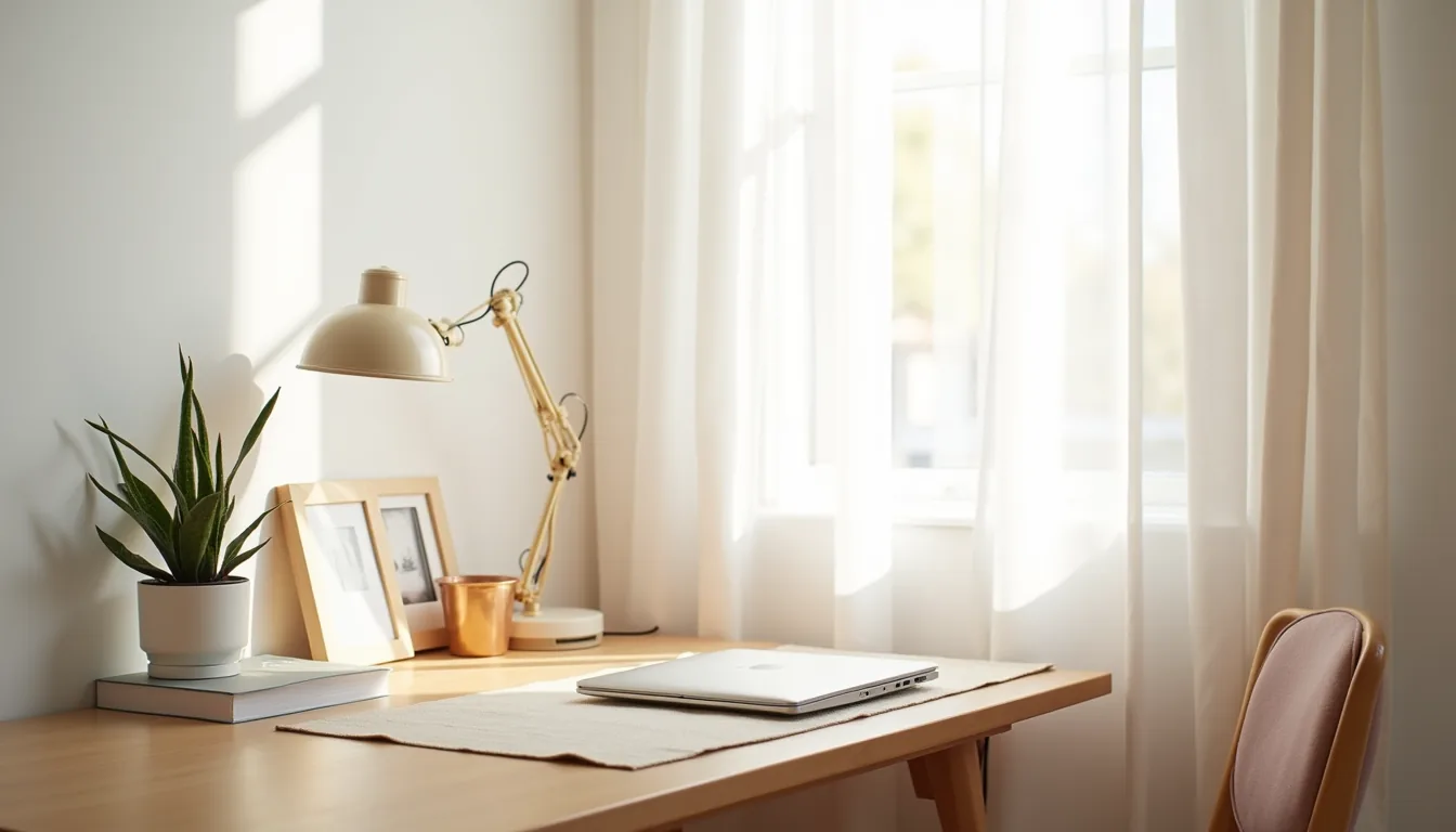 A tidy desk corner displays a succulent plant, framed photo, desk pad, and laptop on wood against white wall.