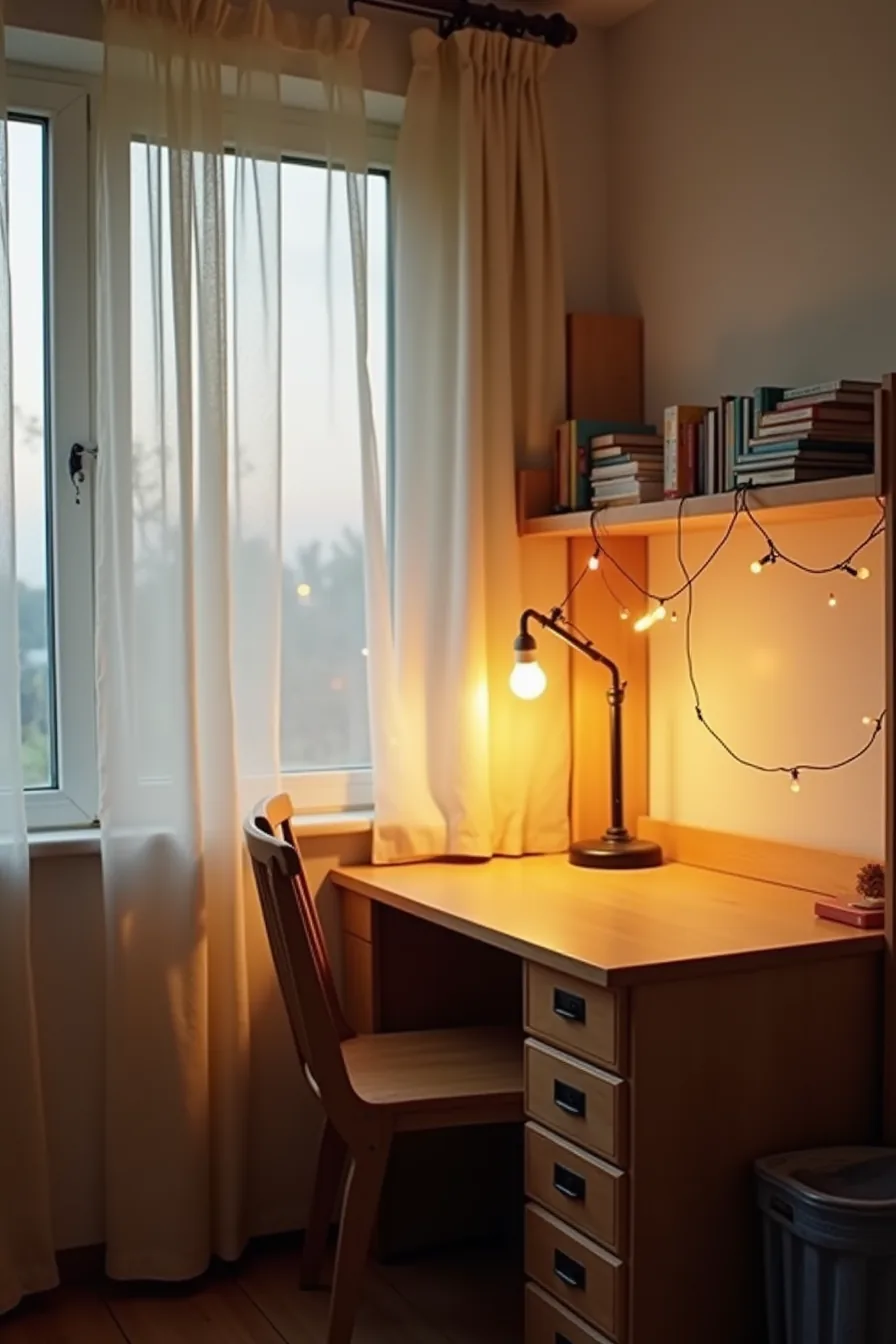 A glowing desk lamp and draped string lights create warm pools of light above a dorm desk at dusk.
